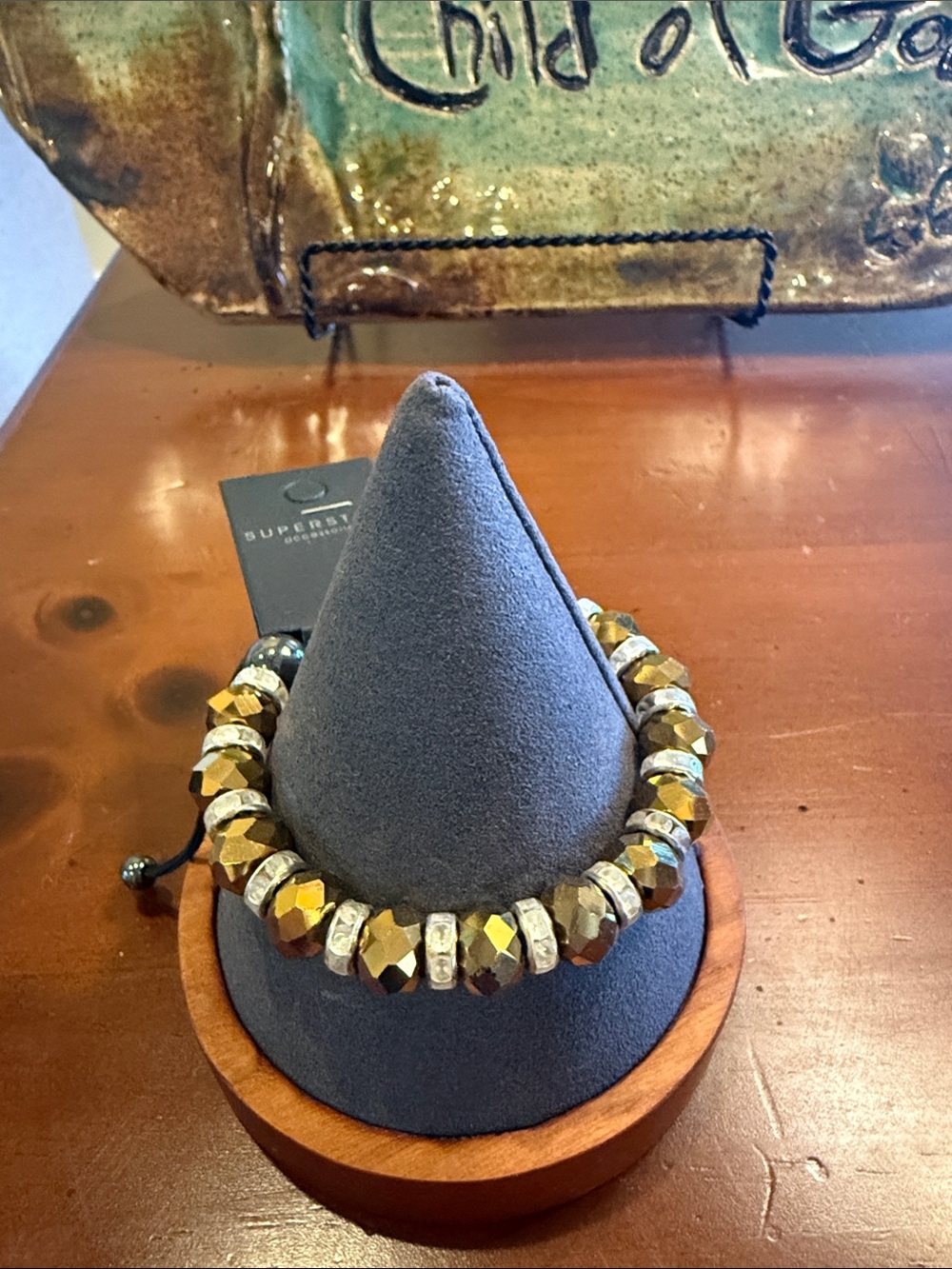 Gold Faceted Stretch Bracelet with Silver Accents